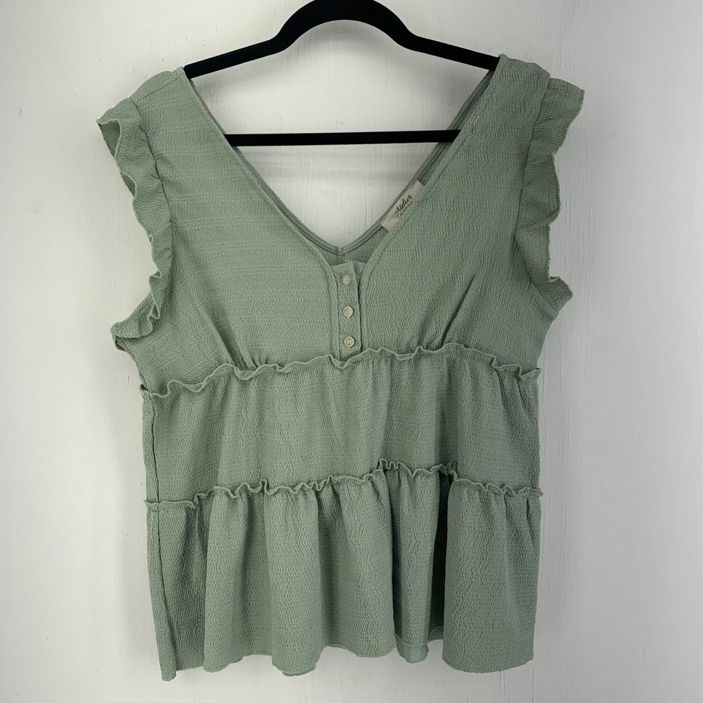 Gauzy Green Ruffle Tiered Babydoll Top Large Fairy Cottage Feminine Peasant Boho